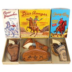 Toy cap guns & holsters, Pony Boy box w/Indian logo cap gun & single holster, Cow-Puncher holster & 