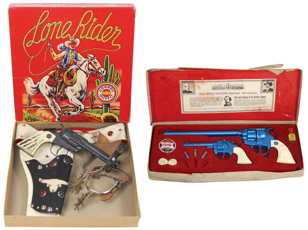 Toy cap guns & holsters in boxes, Lone Rider by Cowboy Ranch Outfit