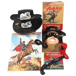 Disney Zorro items (7), Costume #233 w/mask in box, 2 hats, puzzle, book, flintlock plastic gun & bo