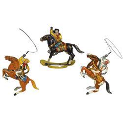 Western toys (3), Lone Ranger "Hi-Yo Silver" litho on tin windups, all by Marx, rocker in Good worki