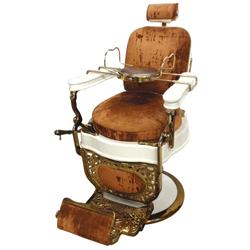 Barber chair, mfgd by Theo Koch-Chicago, white porcelain w/brass plating, round seat, bronze-colored