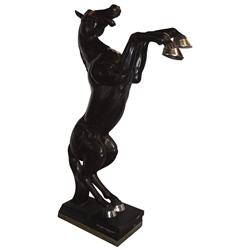 Wooden horse, carved bucking stallion, very well executed w/glass eyes & metal hooves, 69"H x 15"W x