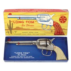 Toy cap gun in box, Kilgore cast iron "Long Tom" six shooter w/automatic action, both gun & box in E