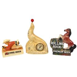 Beer advertising display figures (3), Acme Beer cute chalkware cowgirl, Exc cond, Rolling Rock Premi
