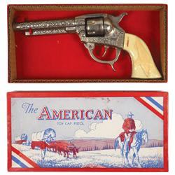 Toy cap gun in box, The American Toy Cap Pistol by Kilgore #105, VG cond w/Eagle grips, box lid is m