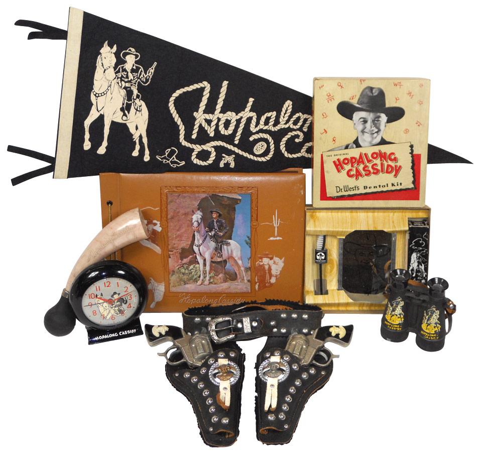 Hopalong Cassidy items, double leather holster w/cap guns, windup clock