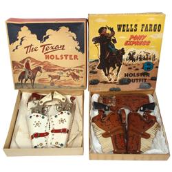 Toy cap guns & holsters, The Texan Holster double holster set w/Texan Jr. cap guns, NOS by Halco & W
