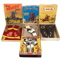 King of the Wild West leather holster set w/ Hubley guns, Pony Boy gun & holster, Real Western chap 
