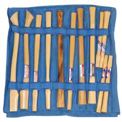 Salesman's sample axe handles in cloth case, handles are wood w/orig decals by O.P. Link Handle Co.-
