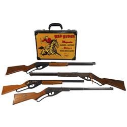 Red Ryder Playmates salesman's case for gloves & mittens, colorful metal, VG cond, 11.5"H x 15"W & (