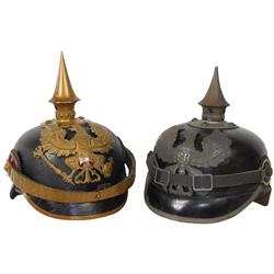 Militaria, (2) helmets, wartime Prussian infantry helmet, hat badge reads Mit Gott Fur Koenig Und Va