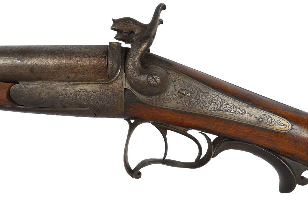 Shotgun, Side by Side, exposed hammer, pin fire, Damascus bbl, 29 1/4", engraved action, trigger gu