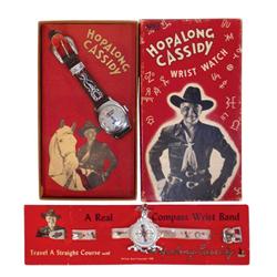 Hopalong Cassidy wrist watch, NOS in orig box, 7" x 4" & Hopalong Cassidy compass wrist band on orig
