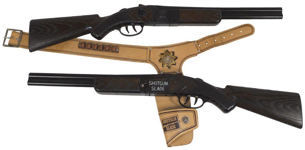 Toy guns, Shotgun Slade by Esquire toy, 2 shotgun cap guns w/Rare Shotgun Slade holster, 30"L, VG to