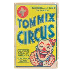Tom Mix circus poster, Central Show Ptg Co, Mason City, IA, Good cond w/several losses, 42"H x 30"W.