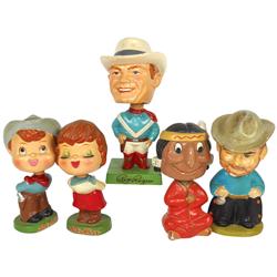 Roy Rogers nodder, Exc cond, 6.5"H & 4 additional cowboy, cowgirl & Indian nodders, VG cond, 5" to 6