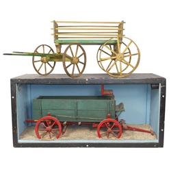 Toy wagons (2), both painted wood w/spoke wheels, one in shadowbox display, both well made, VG cond,