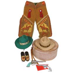 Gene Autry items (6), child's chaps, hat, Gene Autry 44 cal. Leslie-Henry cap gun & Little Champ cdb