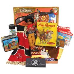 Lone Ranger items, includes LR doll w/composition head, skirt w/vest, first aid kit-complete w/conte
