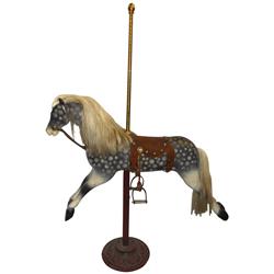 Carousel horse, dapple grey, wood w/orig paint & leather saddle, glass eyes, Exc cond w/light wear o