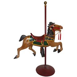 Carousel horse, wood w/orig paint, red saddle & jeweled blanket, Exc orig cond, complete w/brass pol