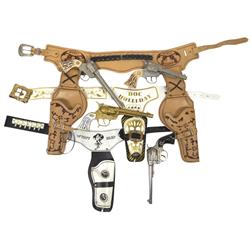 Toy cap guns & holsters, Doc Holliday holster w/Halco Texas Ranger 44 gold cap guns, Wyatt Earp leat
