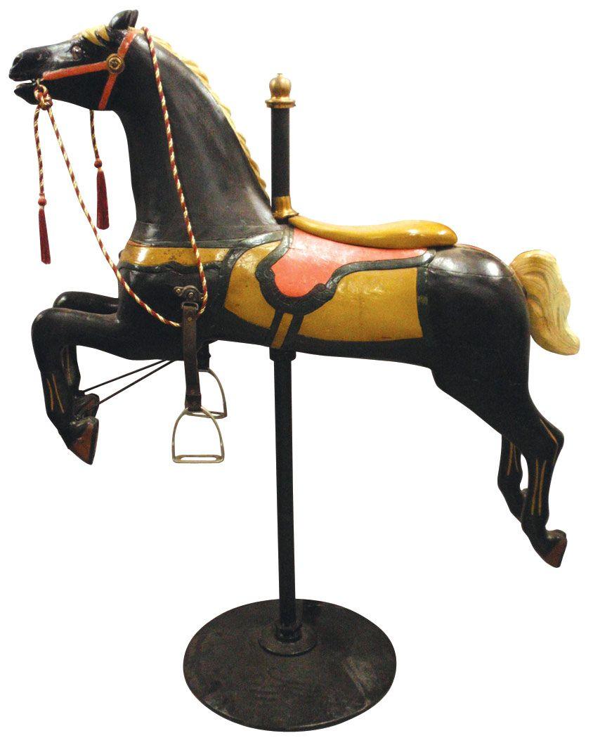 Carousel horse on stand, black wooden horse w/saddle & old paint, VG