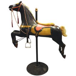 Carousel horse on stand, black wooden horse w/saddle & old paint, VG cond, 63"H x 50"L.