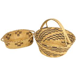 Papago & Pima, AZ, Native American baskets (2), flower gathering basket, 10"H x 12"L & two-handled b