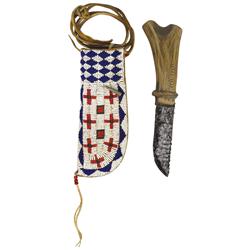 Native American knife w/deer bone handle & stone blade, beaded Indian sheath cover, Exc cond, 9"L.