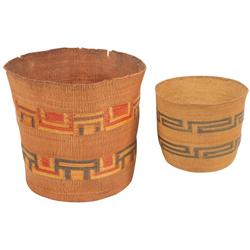 Eskimo baskets from Kodiak Island, Alaska, large 4-color basket in Good cond w/top fray & smaller 2-