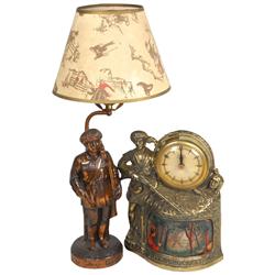 Davy Crockett metal figural lamp w/cowboy shade & Davy Crockett clock w/motion lamp, mfgd by United,