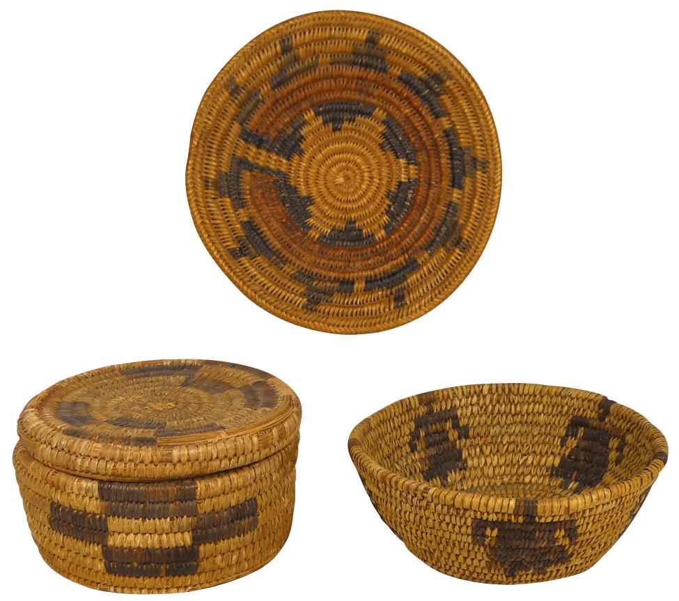 Papago & Pima, AZ, Native American baskets & tray (3), figural Papago