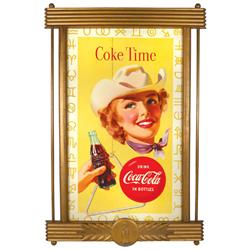 Coca-Cola cowgirl litho on cdbd 2-sided sign w/ranch brands in border, c.1955, comes in an orig gold