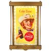 Image 1 : Coca-Cola cowgirl litho on cdbd 2-sided sign w/ranch brands in border, c.1955, comes in an orig gold