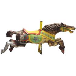 Carousel horse, cast metal, old paint, Good cond, 25"H x 54"L.