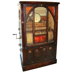 Coin-operated orchestrion music machine, French orchestrion w/single spring crank-wind motor, speed 