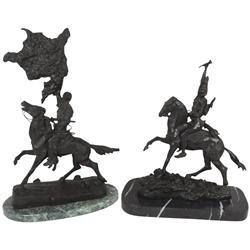 Western bronze statues on marble bases (2), Fighting Indian & Indian w/buffalo hide, c.1950's-1960's