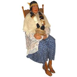 Indian mannequin in rocking chair, woman, fully dressed composition body, Exc cond, 45"H x 24"W.