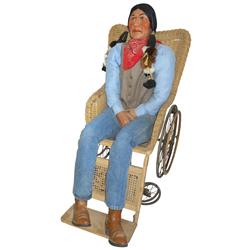 Indian mannequin in wicker wheel chair, fully dressed male composition body, Exc cond, 52"H x 24"W.
