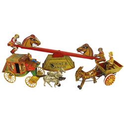 Western toys (3), all litho on tin, Northwestern Products Co. stagecoach, Courtland windup teeter-to