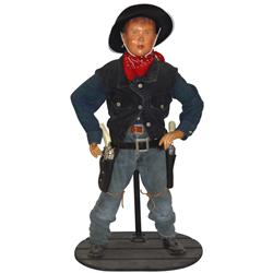 Western mannequin, small cowboy, composition body in complete Western outfit w/cap guns, VG cond, a 