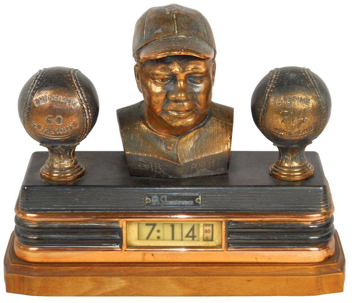 Babe Ruth clock, mfgd by Abbotwares, cast metal bust of Babe flanked by ...