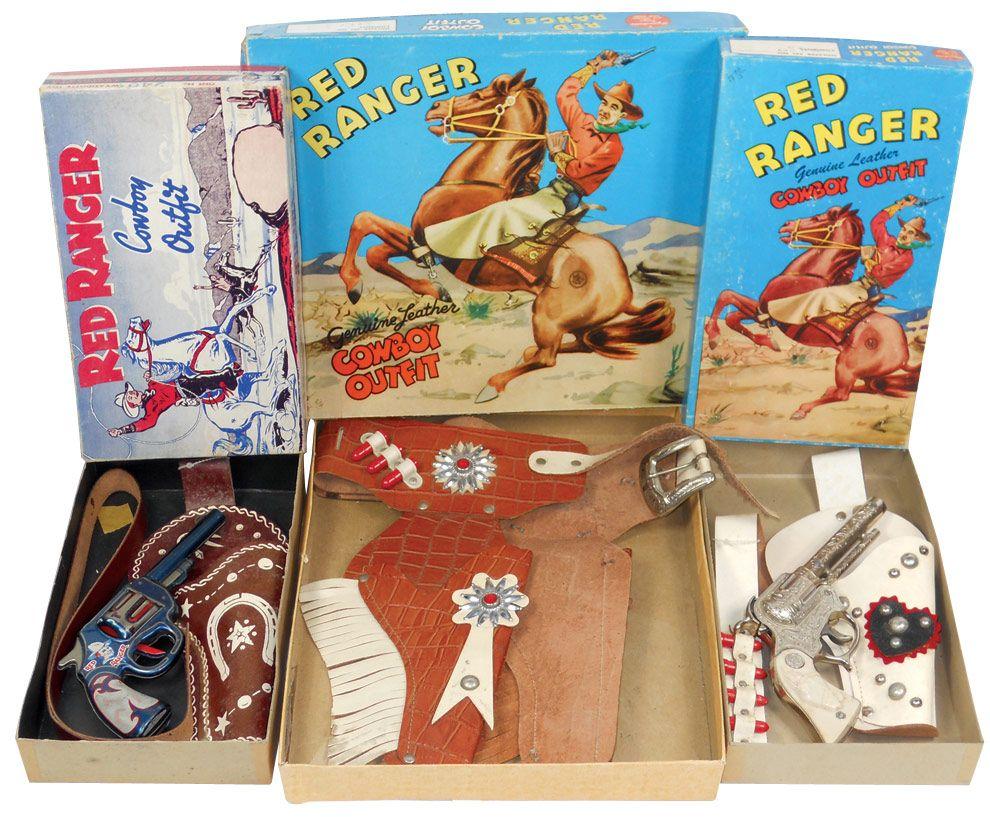 Cap gun & holster sets (3), Red Ranger leather holster w/Wyandotte guns