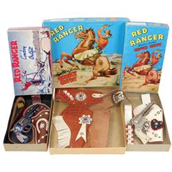 Cap gun & holster sets (3), Red Ranger leather holster w/Wyandotte guns, Red Ranger cowboy tin click