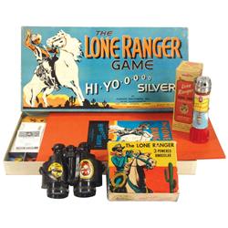 Lone Ranger items (3), binoculars, signed Siren flashlight & Lone Ranger game (1938), all Exc cond i