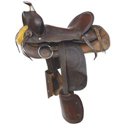Hopalong Cassidy "Hoppy" child's saddle, leather, c.1940's-1950's, re-lined at one time, Good cond.