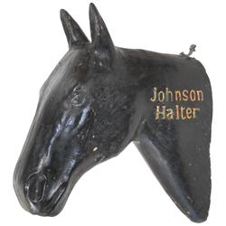 Trade sign for harness & horse tack, Rare Johnson Halter figural horse head, formed heavy papier-mâc