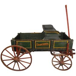 Studebaker Jr. goat wagon, wood w/wonderful orig alligatored paint & stenciling, wooden spoke wheels