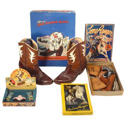 Lone Ranger toys & Lone Ranger boots in orig box by Endicott Johnson, cuffs, toy gun in holster & ro